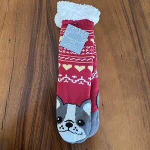 French Dog Sherpa Critter Socks - Red, yellow, white, and Gray tones OS
